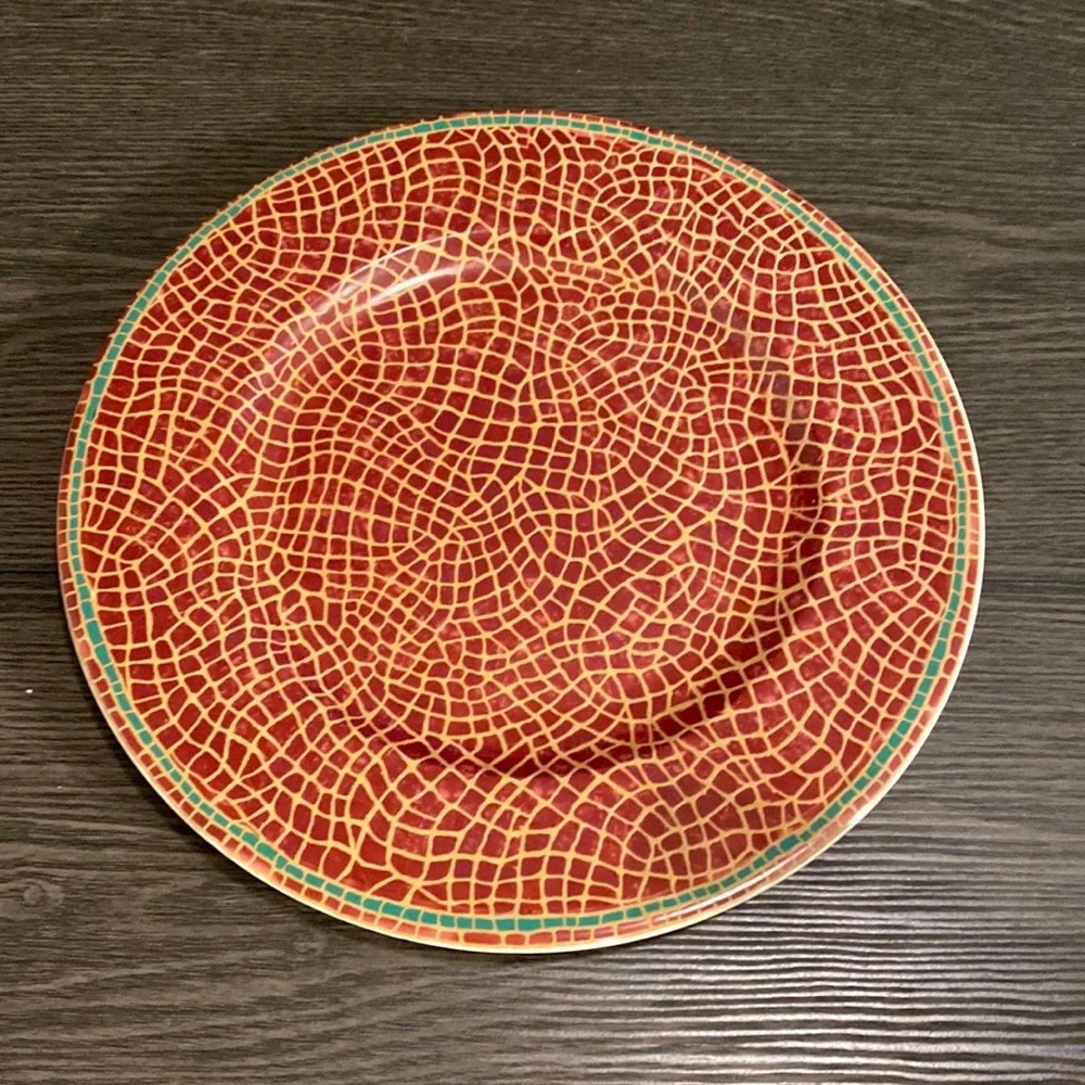 Pier 1 Mosaic Fruit large plate. Red with gold, green trim. 12.25” diameter.